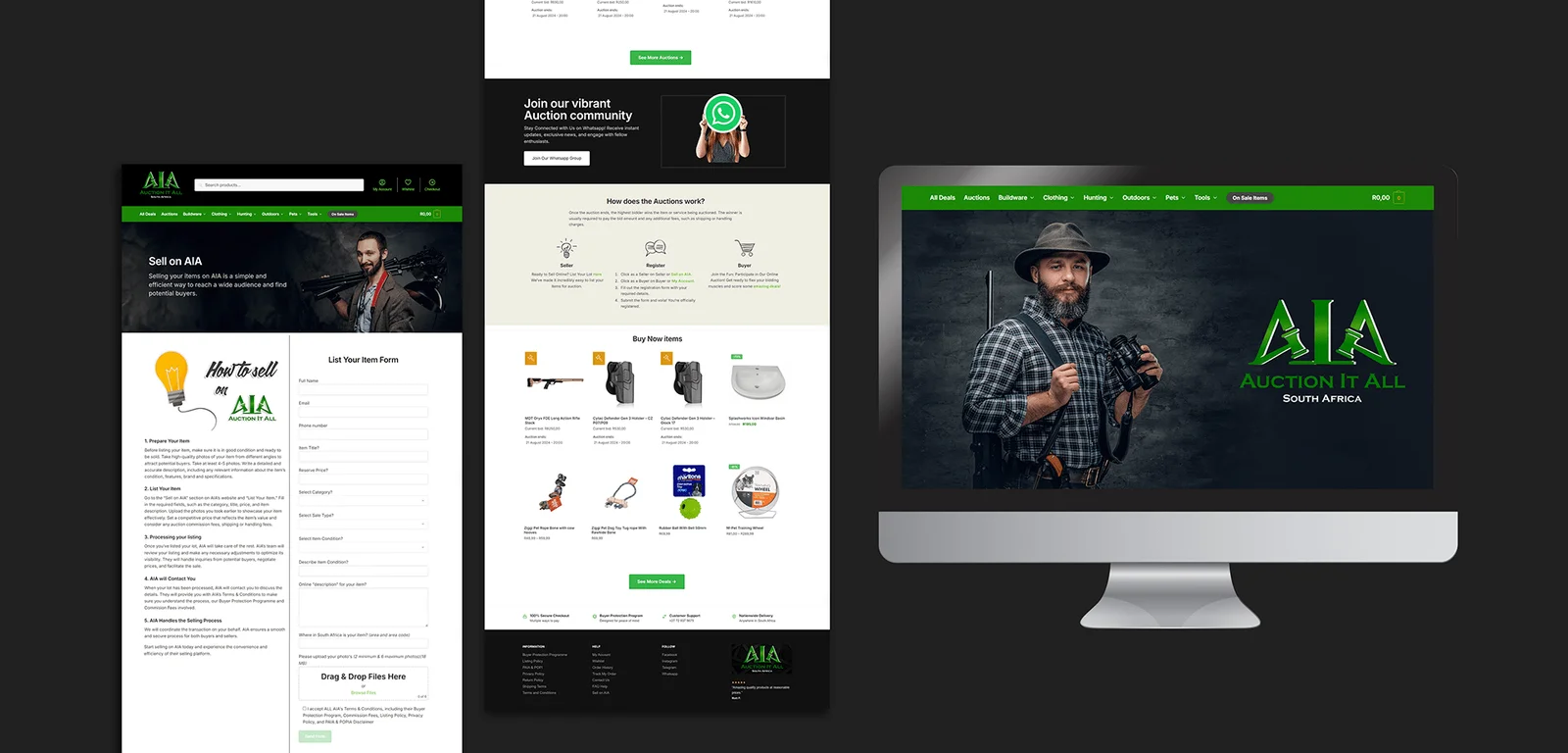 AIA WooCommerce website showcasing auction and buy-now features for South African farmers and outdoor market.